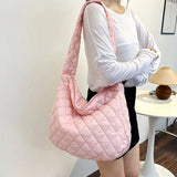 Women Large Capacity Quilted Tote Bag Winter Warm Lightweight Down Cotton Padded Plaid Shoulder Bags Underarm Bags Puffy Handbag