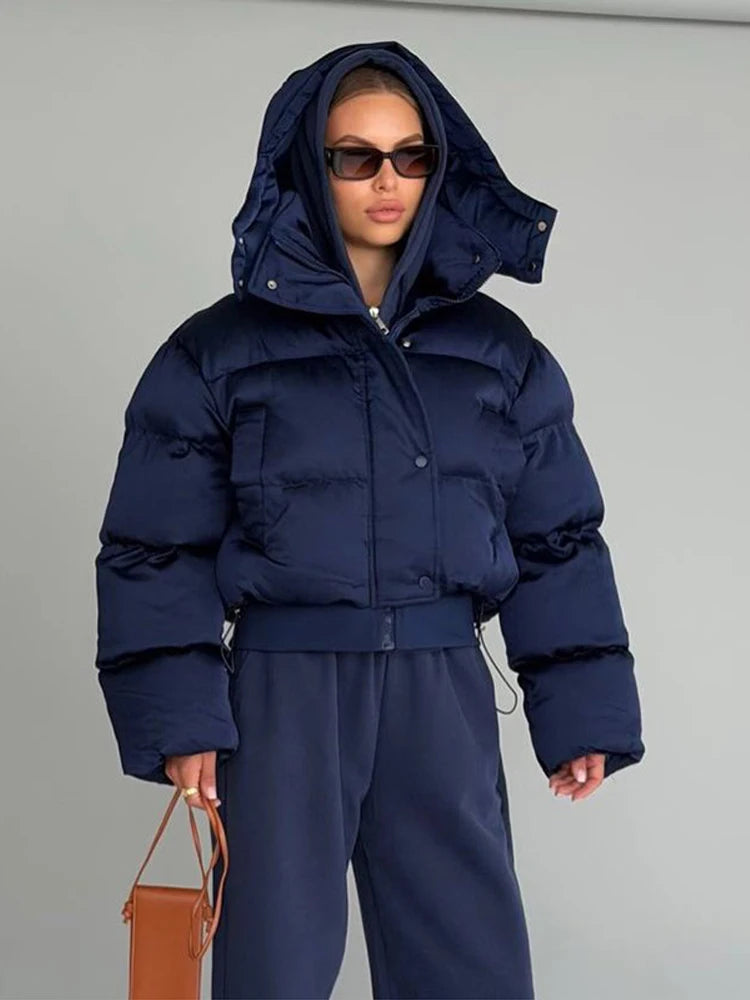 Winter Hooded Jacket Short Top Cropped Drawstring Waist Coat Woman Long Sleeve Warm Quilted Out Jackets Streetwear Lady Clothes