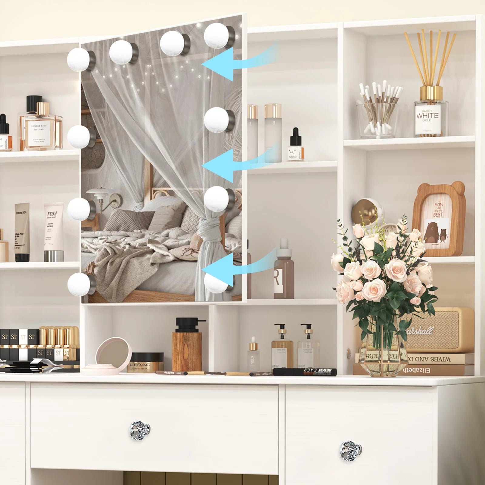 Teousev 7 Drawers Vanity Dressing Table with 10 Dimmable LED Lights, Large HD Mirror Modern Makeup Desk with Ample Storage