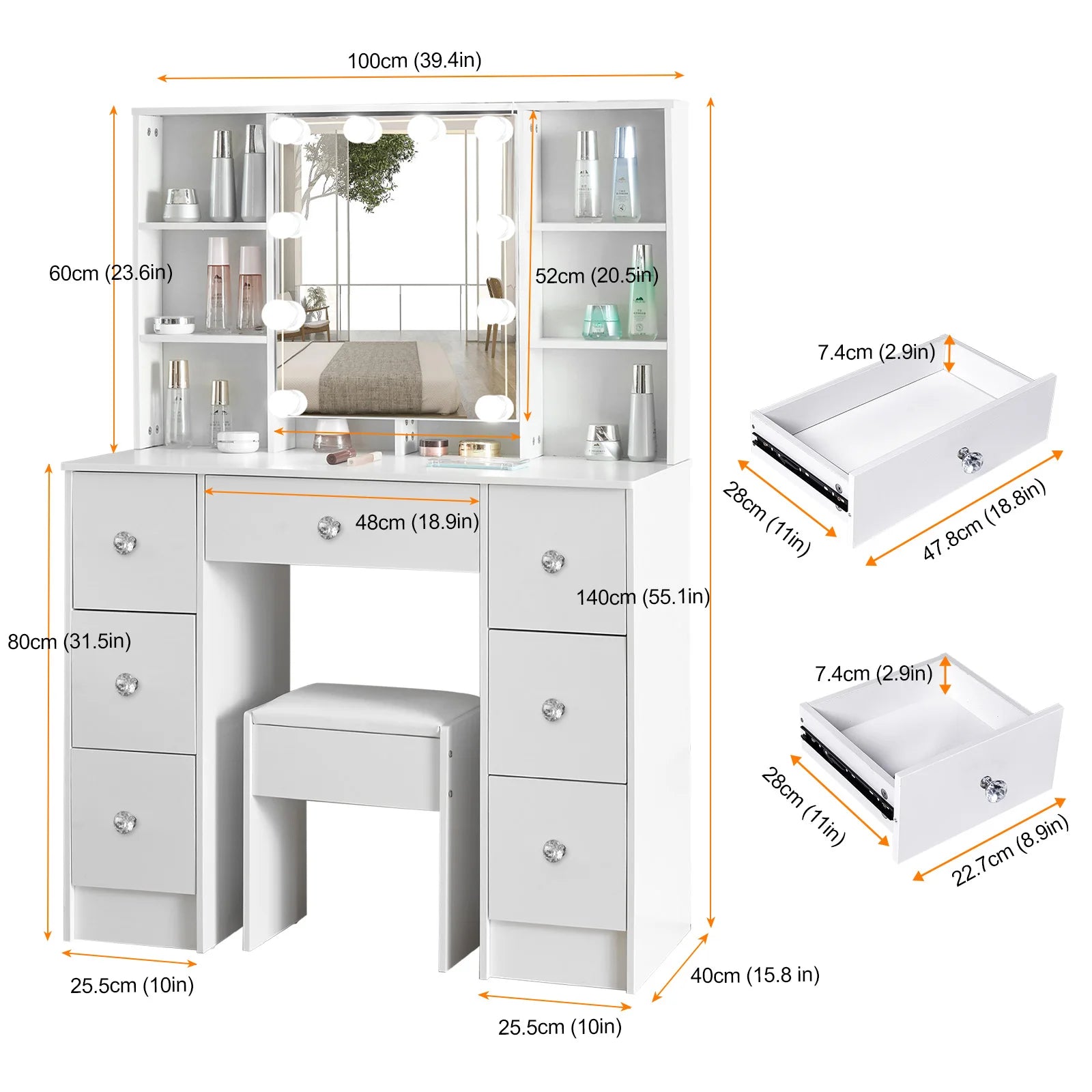 Teousev 7 Drawers Vanity Dressing Table with 10 Dimmable LED Lights, Large HD Mirror Modern Makeup Desk with Ample Storage