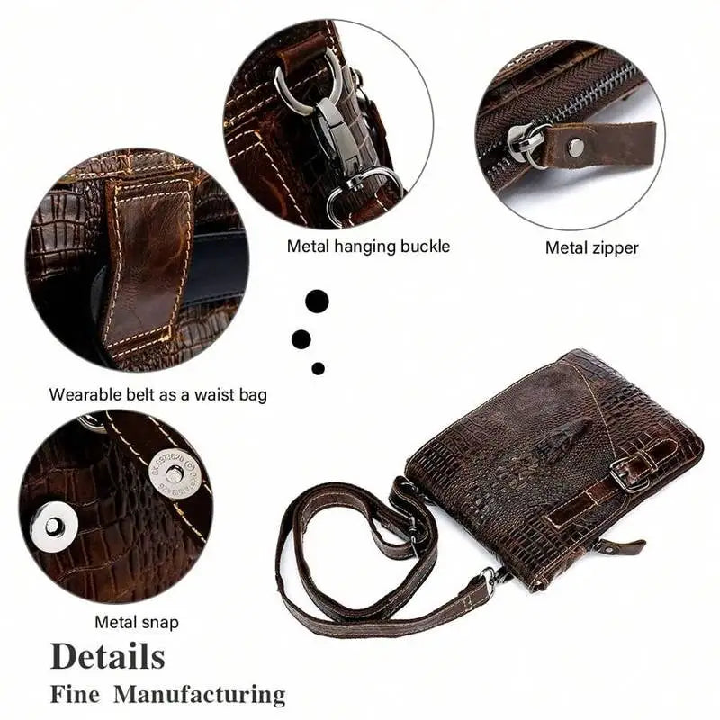 Flap‑over Business Men Crossbody Shoulder Bag, Crocodile Texture First Layer Cowhide Genuine Leather Messenger Bag for Office & Daily Commute