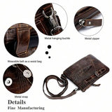 Flap‑over Business Men Crossbody Shoulder Bag, Crocodile Texture First Layer Cowhide Genuine Leather Messenger Bag for Office & Daily Commute
