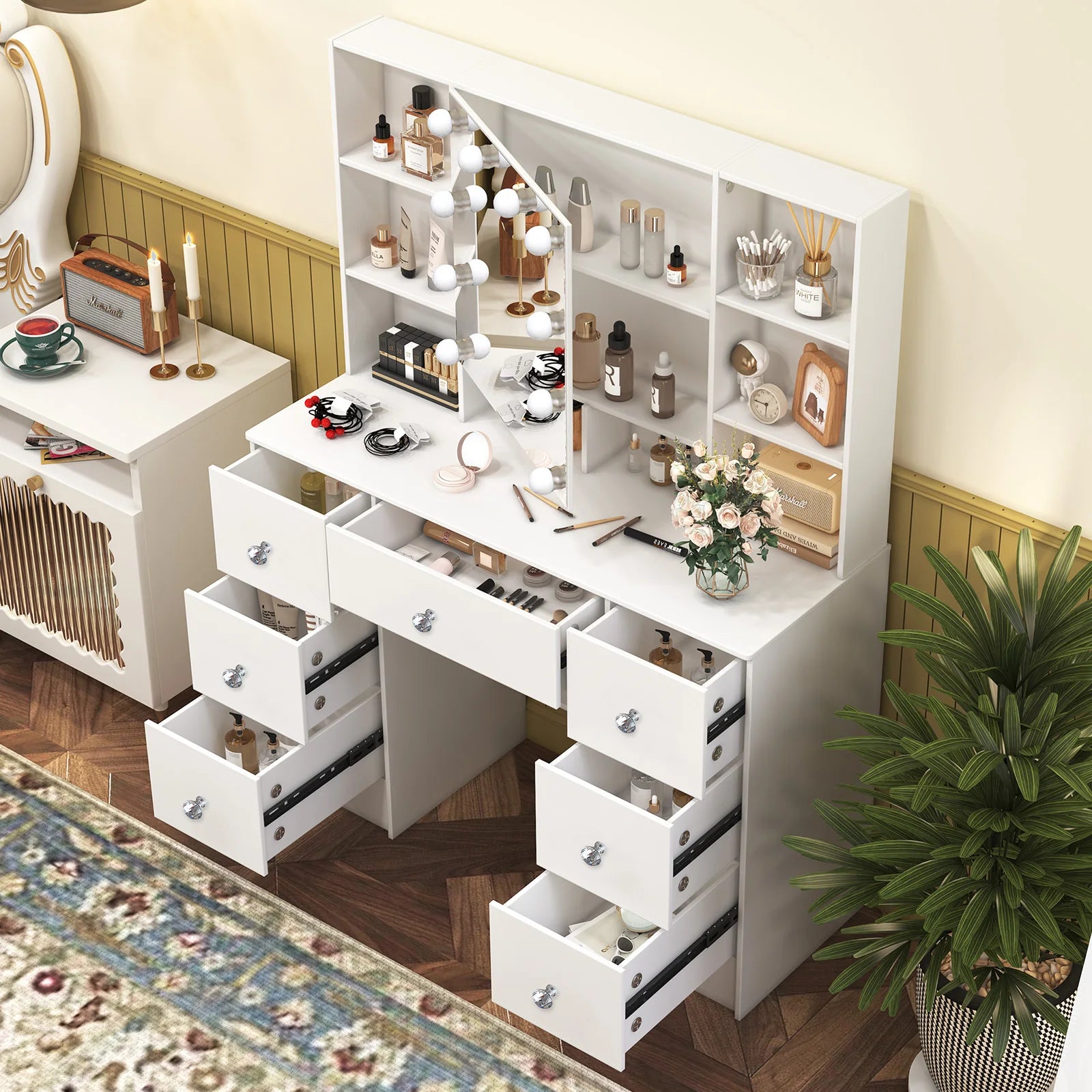 Teousev 7 Drawers Vanity Dressing Table with 10 Dimmable LED Lights, Large HD Mirror Modern Makeup Desk with Ample Storage