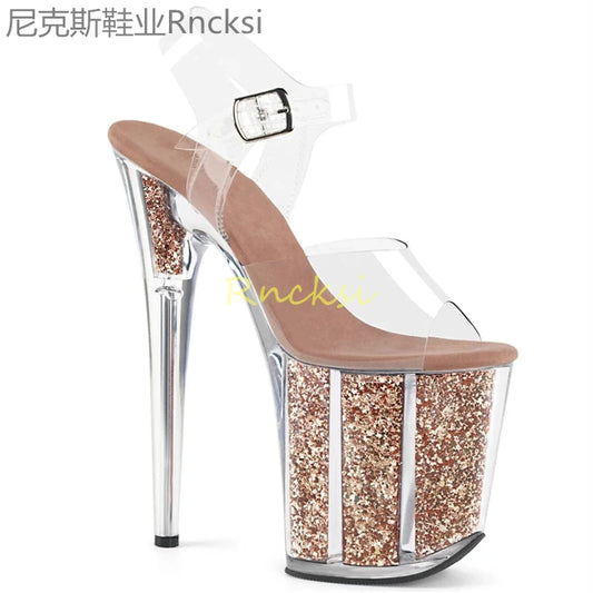 Rncksi 2025 Fashion Sexy Pole dancing Summer 20cm PVC Women Sandals Thin High Heels Sandals Slip-On Size 35-42