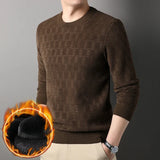 Chenille Winter Warm Sweaters Men Plaid Jacquard O-neck Pullovers Fleece Thick Knitwear Male Business Casual Knitted Sweater