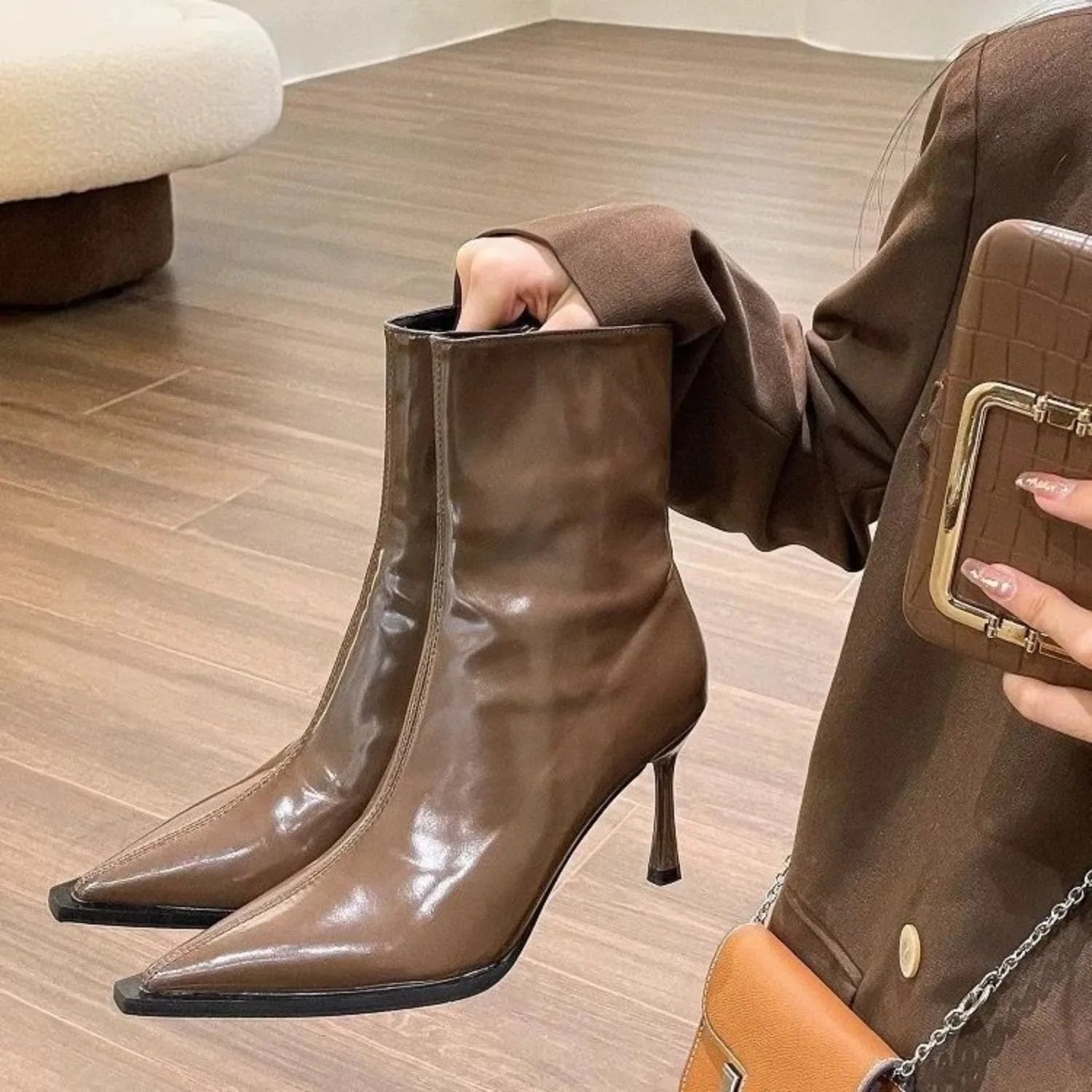 Ankle Boots Vintage Autumn New Fashion High Heels Women's Sexy Pointed Toe patent leather skinny boots Women Brown Short Booties