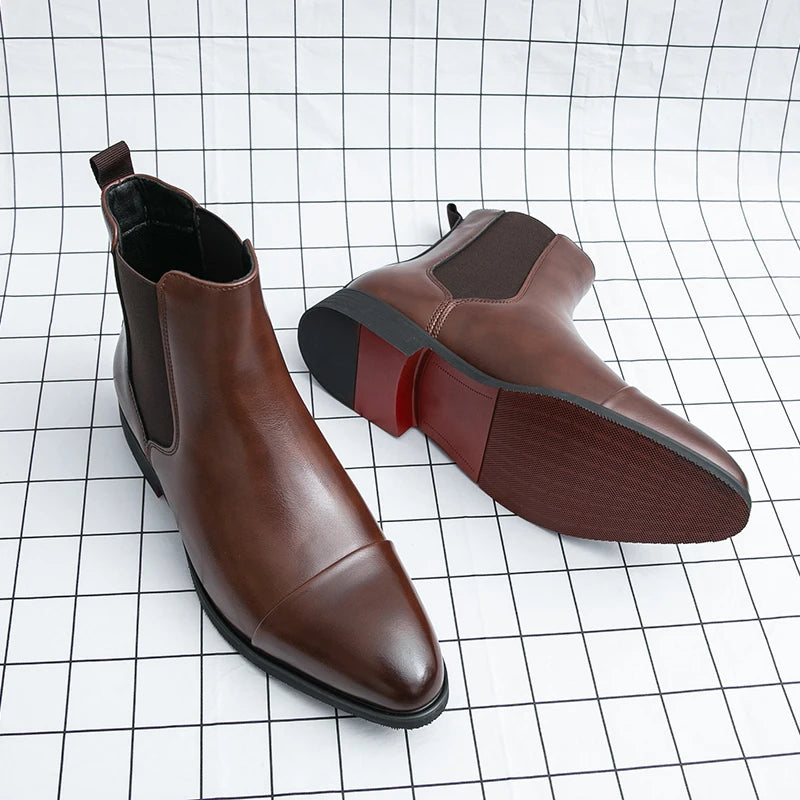 Chelsea Boots for Men Red Sole Pu Ankle Business Round Toe Slip-On Mens Boots Free Shipping Size 38-46 Men Shoes