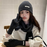 Solid Color Touch Screen Gloves Women Korean Autumn Winter Warm Knitted Three-piece Set Scarves Gloves Hat Women's Glove Sets
