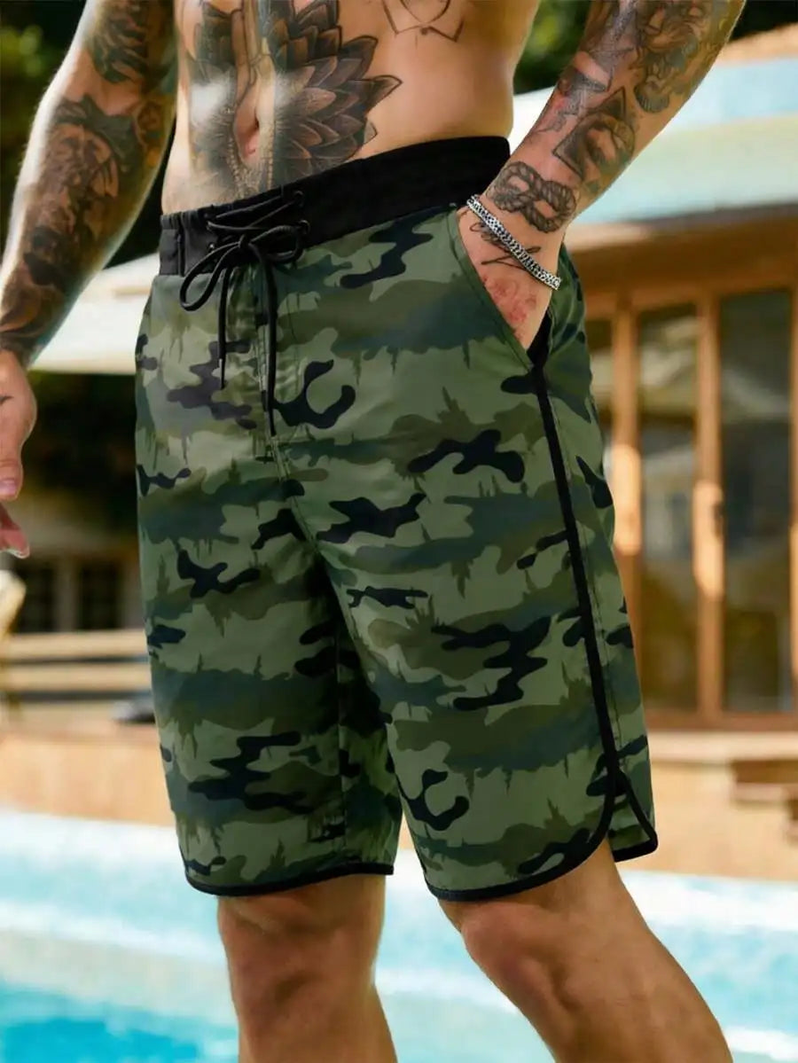 Manfinity KASUA Men's Summer Holiday Casual Camo Print Drawstring Waist Side Pocket Beach Shorts Men Camo Shorts Men Streetwear