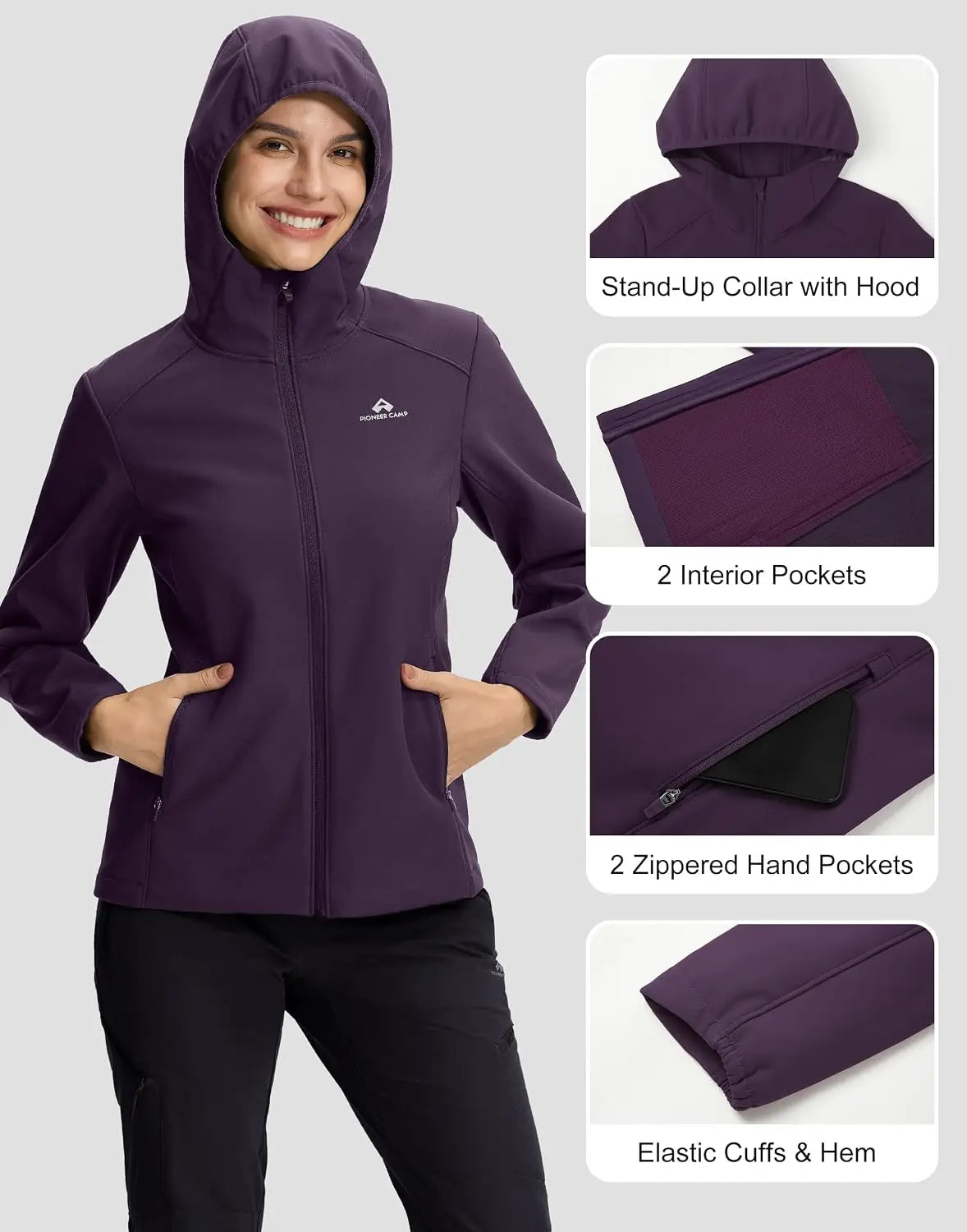 Pioneer Camp Women's Softshell Jacket Fleece Lined with Hood 30k Waterproof Lightweight Warm Windbreaker for Outdoor Hiking