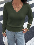 Lightweight Knit Sweaters Top For Women Daily Wear Scallop Edges V Neck Pullover Tops Autumn And Winter Long Sleeved