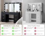 47.2" Fluted Vanity Desk with Large Mirror and Lights, Black | 7 Drawers Large Black Makeup Vanity Table with Glass Top