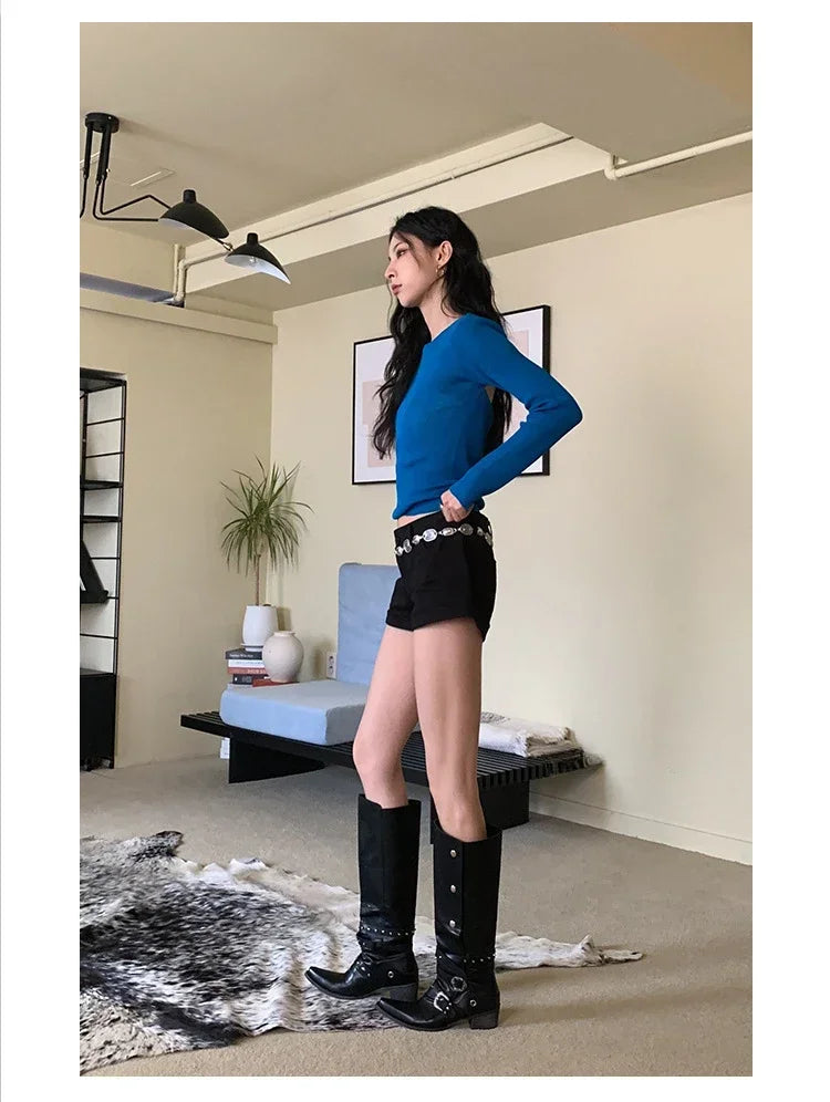 Woman Black Punk Knee High Platform Low Heel Trend Punk Gothic New Rock Leather Fashion Women Chunky Knight Motorcycle Footwear