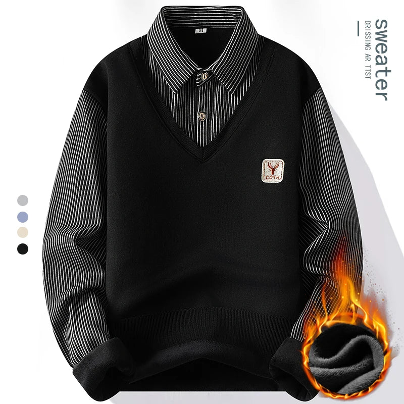 Mens Polo Sweater Shirt Collar Knit Pullover Autumn Winter Fleece T-shirt Casual Sweaters Navy Blue Khaki Korean Clothing