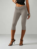 MISSGUIDED Women's Red Capri Leggings With Gold Hardware Detail Waistband Mid Rise Cropped Pants Spring Summer Fashion