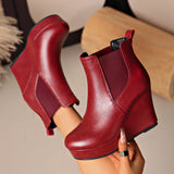 Women Platform Wedge Heel Chelsea Ankle Boots, Elastic Side Slip‑On Faux Leather Solid Color Spring Autumn Casual Short Booties