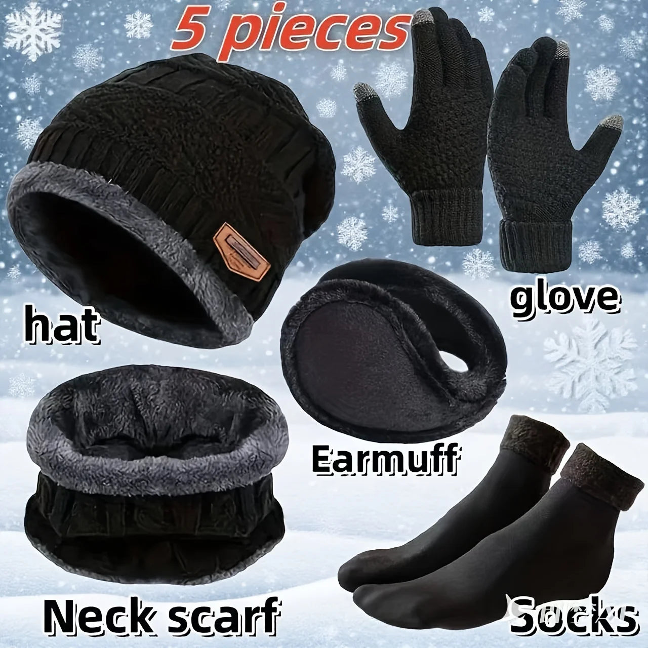 5pcs/set Winter Warmth Combination - Cold Resistant Knitted Hat+Velvet Neck+Thick Gloves+Plush Earmuffs+Snow Socks