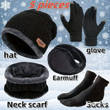 5pcs/set Winter Warmth Combination - Cold Resistant Knitted Hat+Velvet Neck+Thick Gloves+Plush Earmuffs+Snow Socks