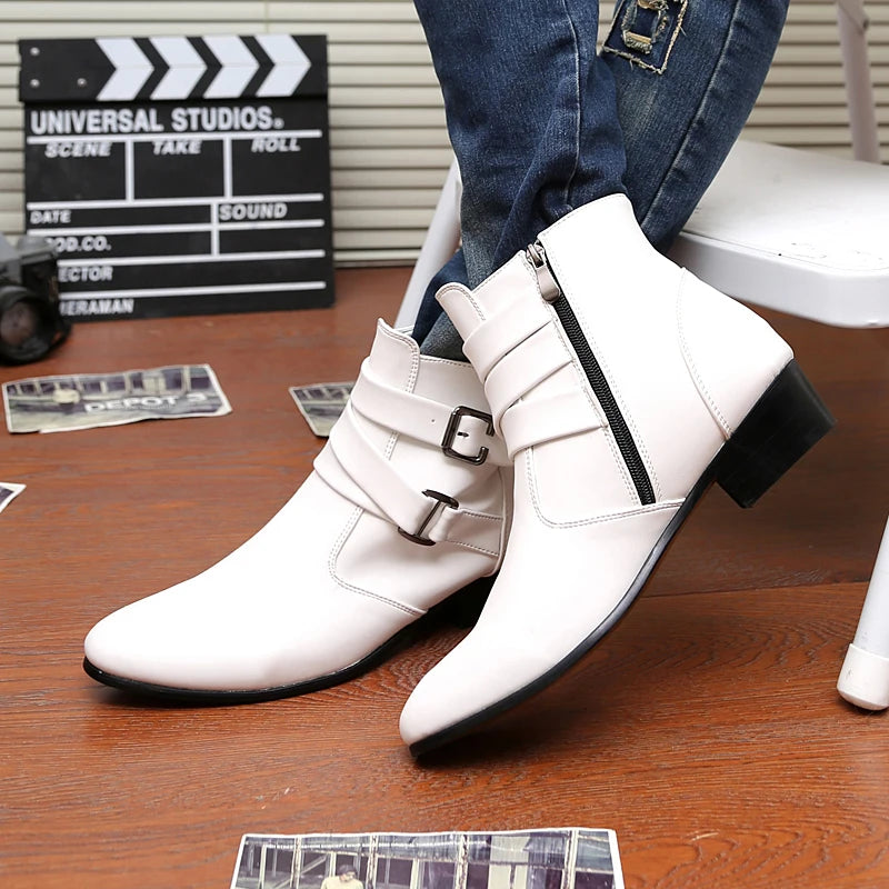 Hot Sale Luxury Chelsea Boots Men Pointed -toe Mens White Boots Black British Style High-heel Men Dress Boots Design Ankle Boot