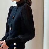 Elegance Half Turtleneck Long Sleeve Knitted Korean Sweaters Single Breasted Vintage Japanese Sweet Sweater Patchwork Blouses