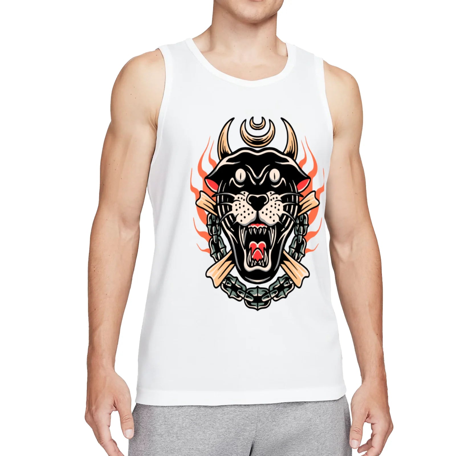 Retro Flaming Praying Hands Tank Top, Vintage Gothic Fire Graphic Sleeveless Tee, Old School Tattoo Style Streetwear Vest for Men