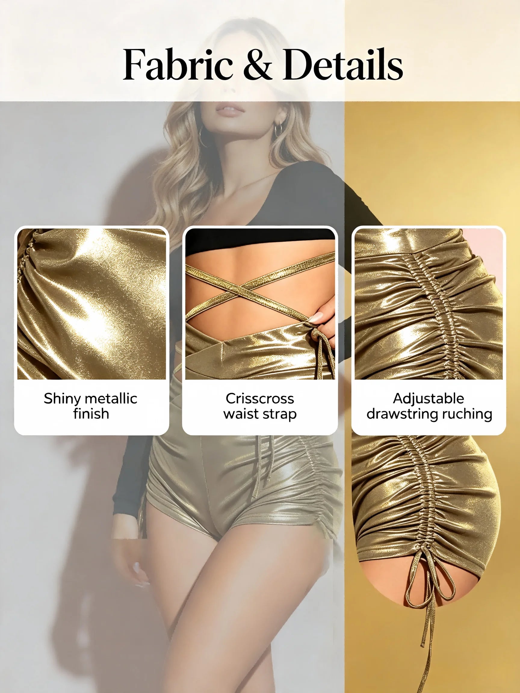 Women 2 Piece Outfits Long Sleeve Crop Top + Metallic Gold Drawstring Ruched Shorts Set Nightclub Party Clubwear Matching Sets