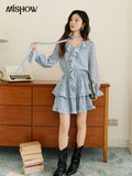 MISHOW Floral Dress for Women Cotton 2026 Spring Blue Luxury V-neck Ruffled Puff Sleeve Dress Party Midi Dress Woman MXE46L2517