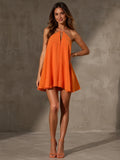 Women Halter Keyhole Mini Dress Open Back Tie Back Flowy Chiffon Sundress Sleeveless A‑Line Swing Short Dress Solid Color Summer Holiday Beach Vacation Pool Party Wedding Guest Cocktail Evening Casual Dating Birthday Dress