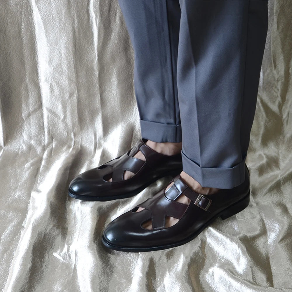 Genuine Leather Mens Classic Summer Dress Sandals Buckle Strap Black Brown Closed Toe Business Party Casual Formal Shoes for Men