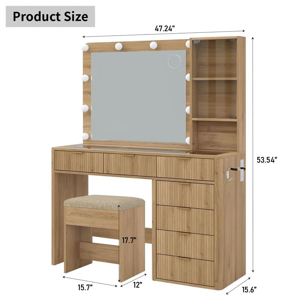 47 Fluted Vanity Desk with Mirror amp LED Lights, 7Drawer Makeup Vanity with Glass Top amp Cabinet, Vanity with Chair amp Charg
