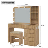 47 Fluted Vanity Desk with Mirror amp LED Lights, 7Drawer Makeup Vanity with Glass Top amp Cabinet, Vanity with Chair amp Charg