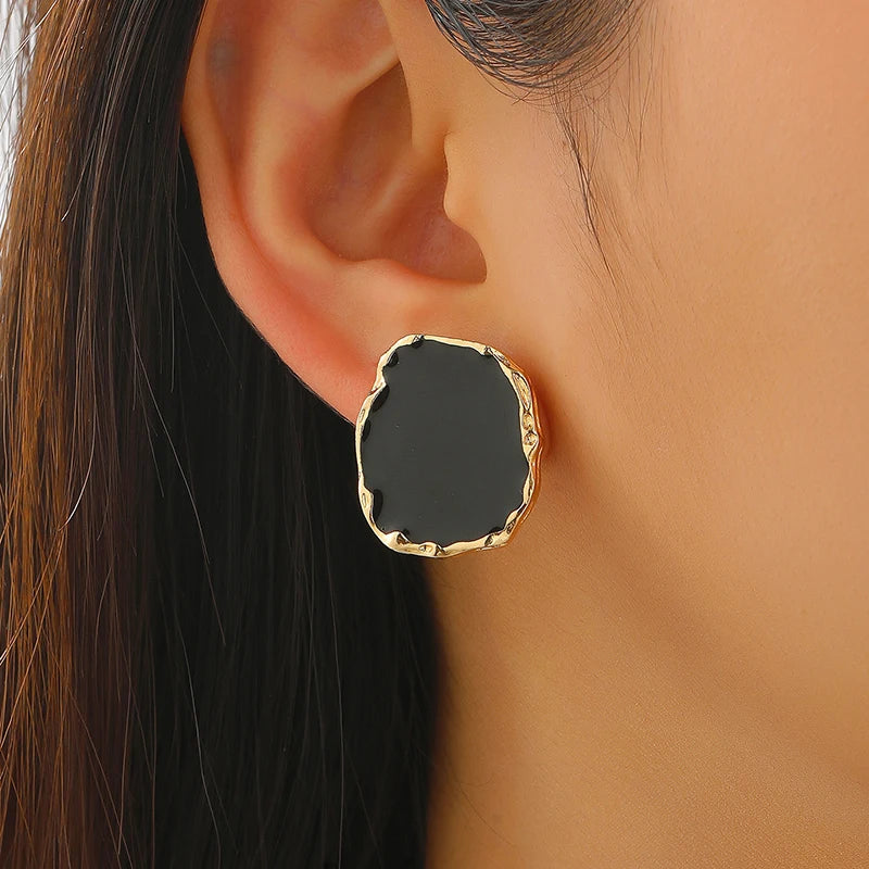 2Pcs/Set New Vintage Enamel Earrings Rings For Women Punk Metal Side Classic Black Oil Drip Irregular Stones Luxury Jewelry Set