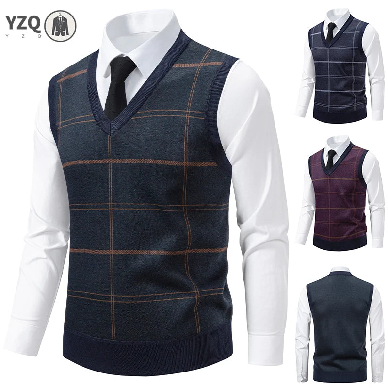 Men's V-neck Knitted Sweater Warm Autumn Winter Diamond Grid Twisted Flower Casual Fashion Versatile Knit Top