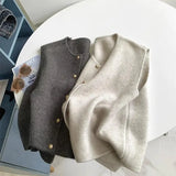Crew Neck Women's Korean Solid Button Short Sleeve Cardigan Coats Sweater Knitted Sleeveless Ladies Elegant Tanks Bottoming