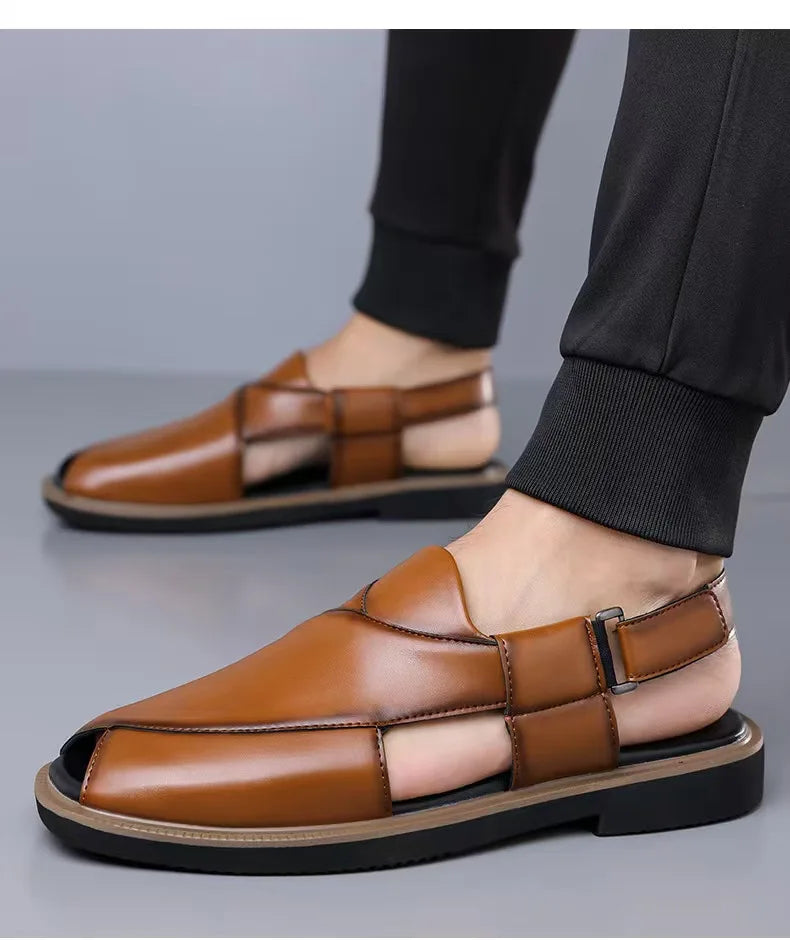 PU Leather Men's Sandals Handmade Stitching Beach Shoes Non Slip Hollow Out Shoes Outdoor Casual Sandaly All-match Man Sandalias