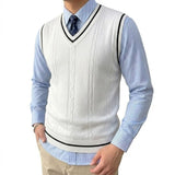 Mens V Neck Knitted Sweater Vest Lightweight Breathable Patchwork Pullover Autumn Casual Business Streetwear Knitwear for Men