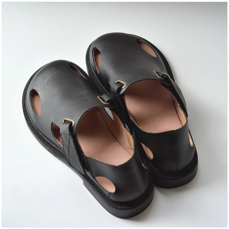 Summer Men's Shoes Flat Full Real Leather Sandal Cowhide Black Casual Old-fashioned Retro Outdoor Men's Sandals Old Man