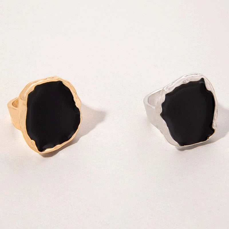 2Pcs/Set New Vintage Enamel Earrings Rings For Women Punk Metal Side Classic Black Oil Drip Irregular Stones Luxury Jewelry Set