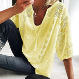 Women's Summer Cotton Shirt, Solid Color Casual Hollow U-Neck 3/4 Sleeve Lace Shirt, Women's Solid Color Lace Stitched Short-Sleeve T-Shirt, Loose Shirt, Women's Top, Short-Sleeve Loose Fit