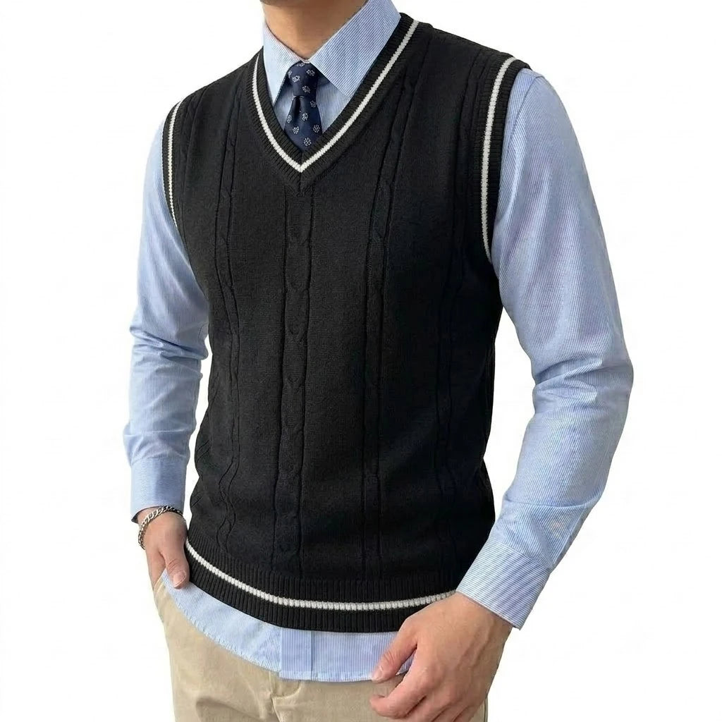 Mens V Neck Knitted Sweater Vest Lightweight Breathable Patchwork Pullover Autumn Casual Business Streetwear Knitwear for Men