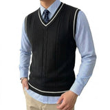 Mens V Neck Knitted Sweater Vest Lightweight Breathable Patchwork Pullover Autumn Casual Business Streetwear Knitwear for Men