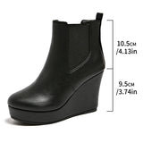 Women Platform Wedge Heel Chelsea Ankle Boots, Elastic Side Slip‑On Faux Leather Solid Color Spring Autumn Casual Short Booties