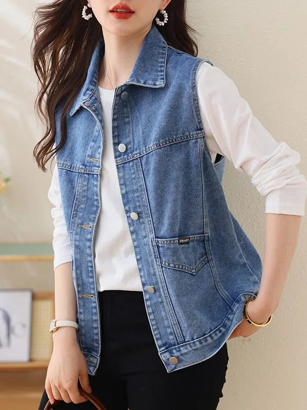 Faionable Embroidered Letter Denim Vest Women's Spring Summer New Sle Svel oulder Pad Thin Outerwear  Collar ...