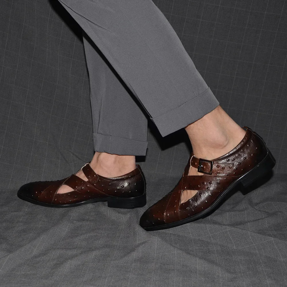 Rome Style Men's Sandals Genuine Cow Leather Summer Buckle Strap Hollow Out Casual Business Wedding Dress Shoes Men Open Shoes