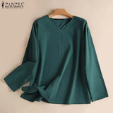 Vintage Women Blouse Autumn Long Sleeve Shirt Female V Neck Work Holiday Blusas ZANZEA Casual Solid Loose Shirt Cotton Chemise