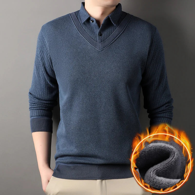 Men's Vintage Sweater Business Casual Pullover Slim Fit Fleece Lined Clothes Fake Two Pieces Knitted Sweaters