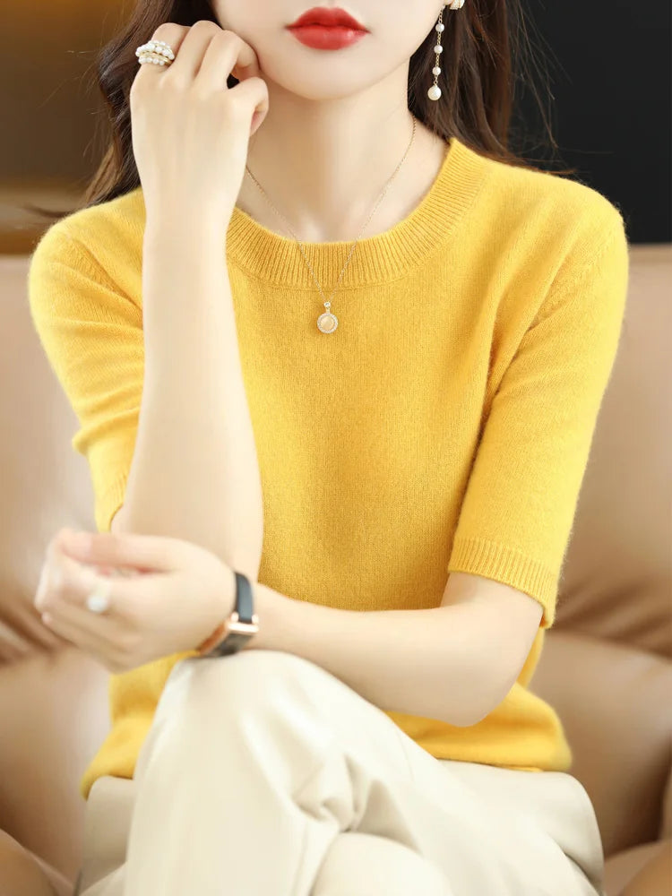 Spring Autumn Women Sweaters Short Sleeves O-neck Bottoming Shirts Knitwear 2026 Summer Knit Tops Pullovers Korean Jumpers