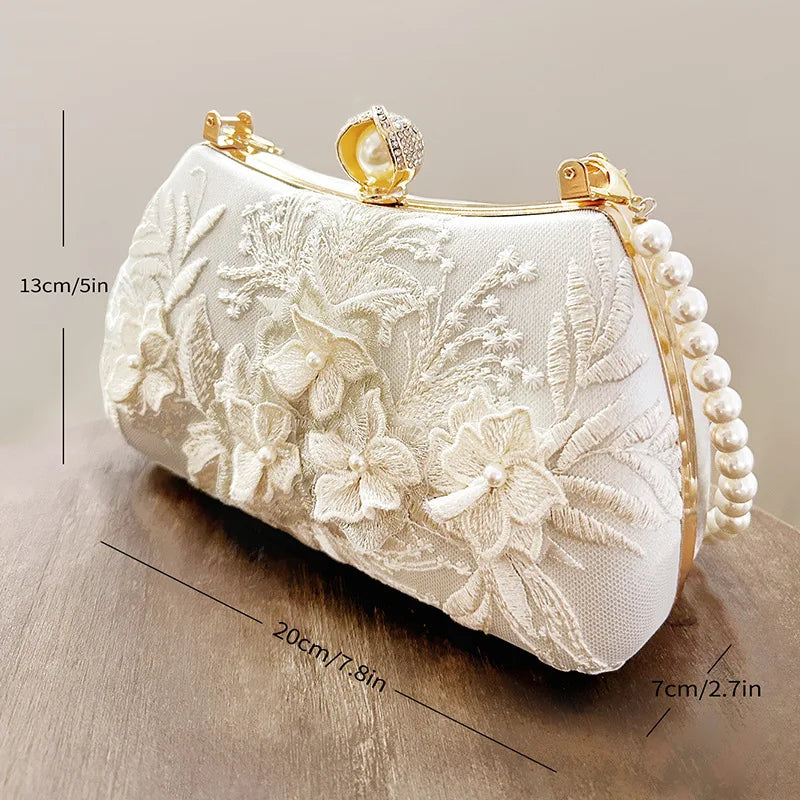 Fashion Pearl Chain Handbags Female White Embroidered Lace Flower Clutch Purse Crossbody Shoulder Party Wedding Prom Evening Bag