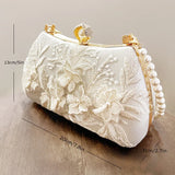 Fashion Pearl Chain Handbags Female White Embroidered Lace Flower Clutch Purse Crossbody Shoulder Party Wedding Prom Evening Bag