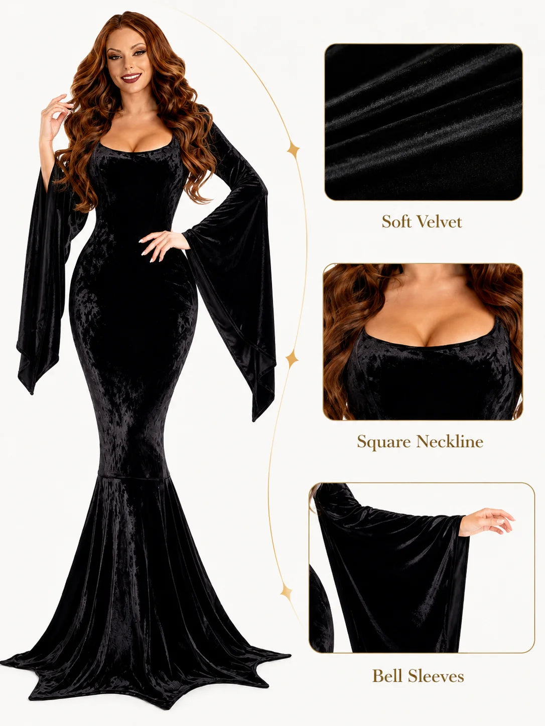 Women Gothic Velvet Mermaid Maxi Dress Bat Flared Long Sleeve Bodycon Gown Dark Witch Vampire Costume Halloween Cosplay Party Outfit